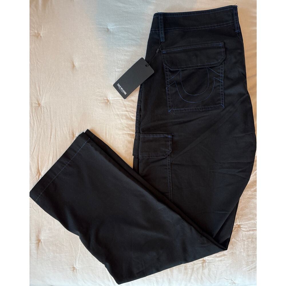 NWT True Religion Mens Size 32 Baggy Cargo Pants Black With Blue Stitch 108335